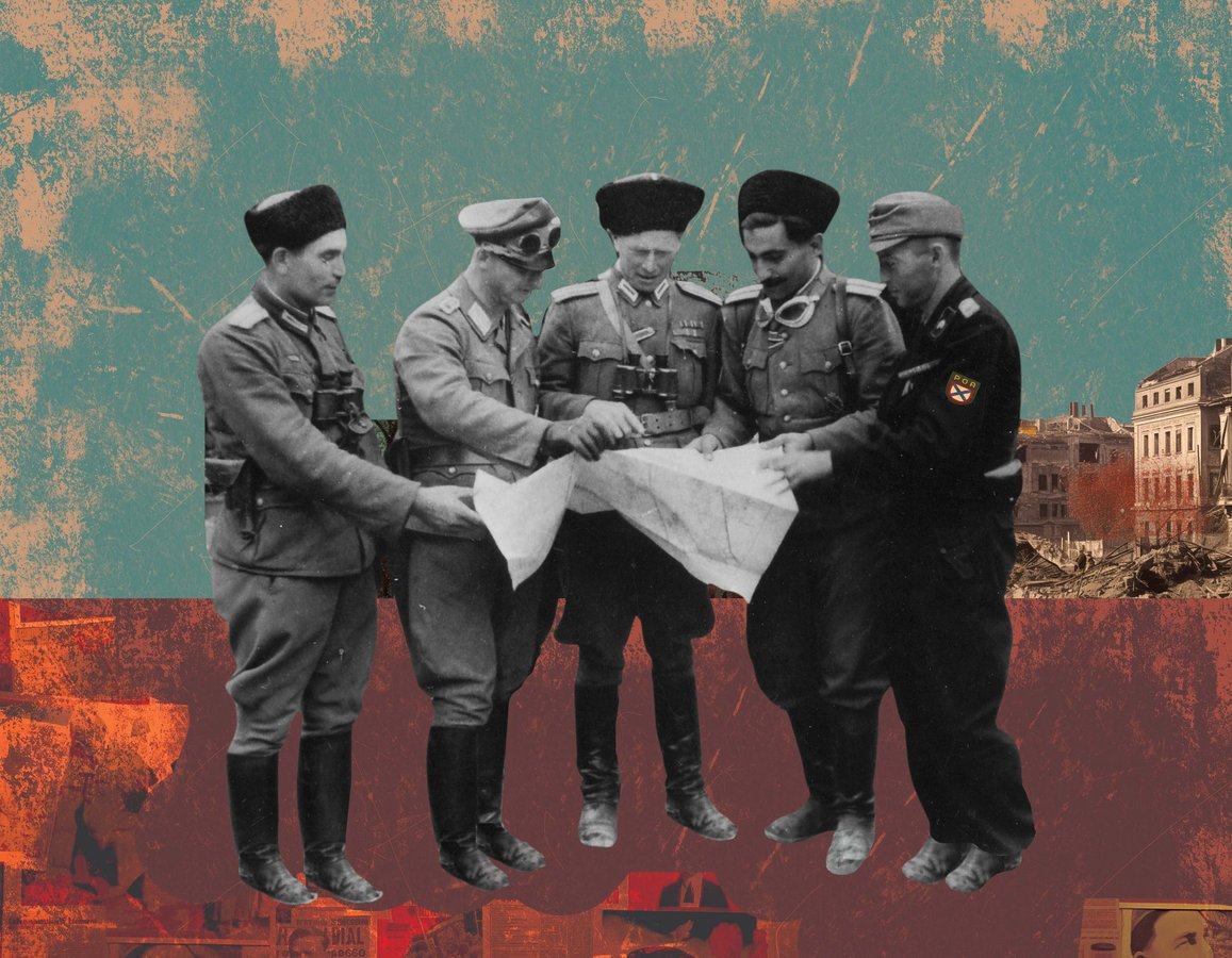 4. Штаб зведеного полку РОНА під час придушення Варшавського повстання, серпень 1944 р. У танкіста справа чітко видна нашивка РОА_