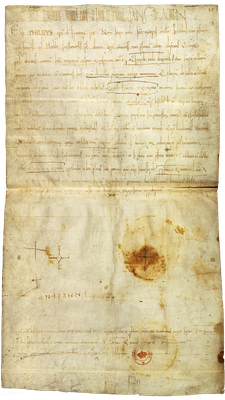 Грамота абатству Святого Крепіна з підписом Анни Ярославани, 1063 р. Над підписом «Ана Ръина» стоїть підпис малолітнього короля Філіпа у вигляді монограми з літерами його імені. Джерело: wikimedia.org