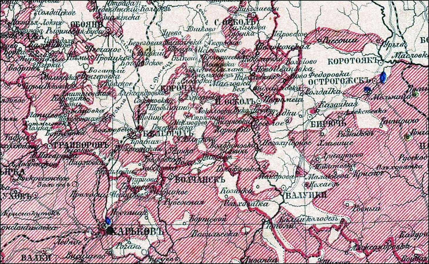 Етнічний склад північної Слобожанщини. Фрагмент мапи А. Ріттіха 1875 р. Рожевий колір – росіяни, темно-рожевий штрихований – українці