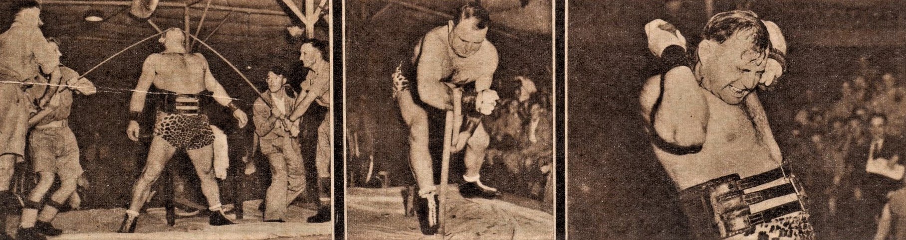 Еміл Корошенко демонструє свою силу. Фото з французького журналу Images, 1942 рік