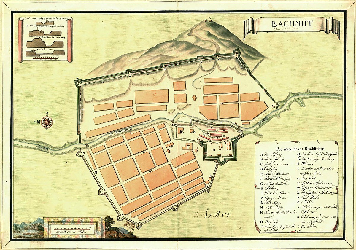 Мапа Бахмута, ймовірно 17 століття. На карті також є поперечні розрізи фортифікаційних стін. Зберігається у Шведському національному архіві. Джерело wikimedia