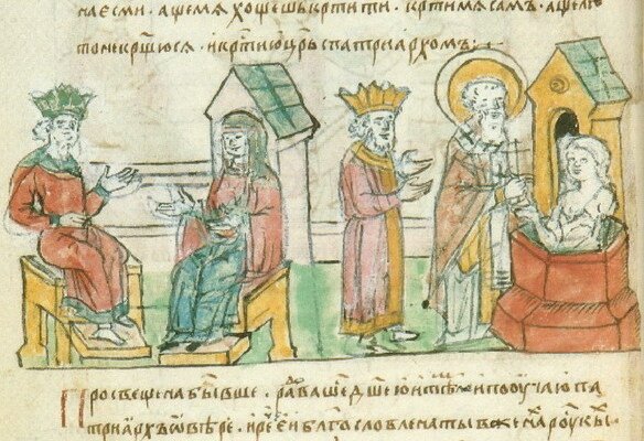 Radziwiłł_Chronicle_(miniatures_of_Olga_of_Kiev_received_and_baptized_in_Constantinople)