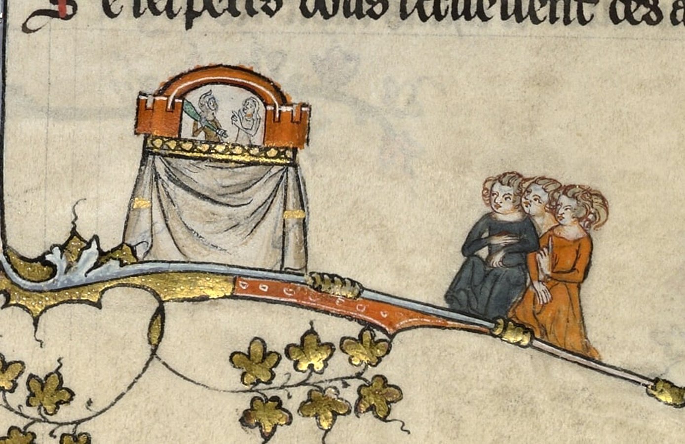Середньовічний ляльковий театр, Library MS. Bodl. 264, fol. 54 v, detail, margin illustration Public domain
